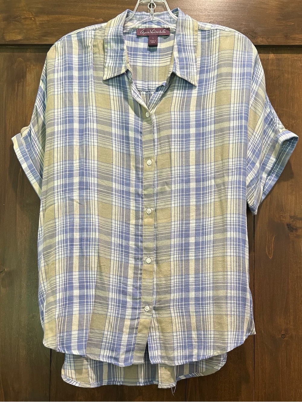 M376 Gloria Vanderbilt Blue & Olive Plaid Short-Sleeve Button-Up Shirt Sz L
